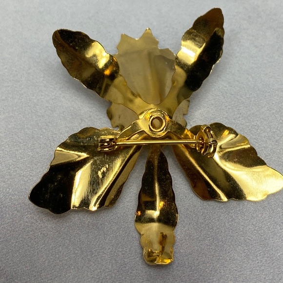 Vintage Gold Tone Textured Orchid Flower Brooch Pin - Picture 4 of 8